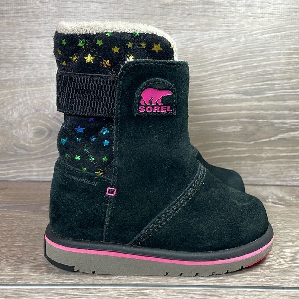 Sorel Rylee Waterproof Black Suede Warm Lined Pink Stars Toddler Girl Sz 8 Boots